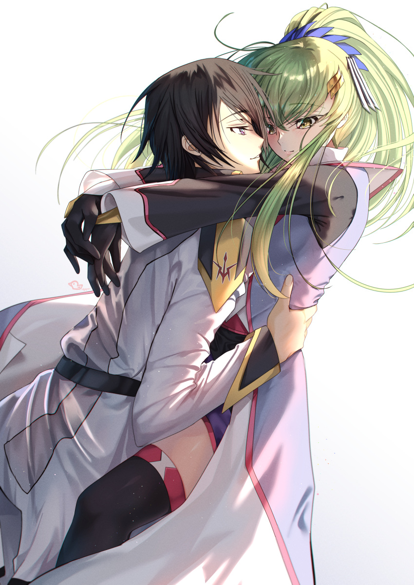 1boy, 1girl, absurdres, arms_around_neck, black_gloves, black_hair, black_thighhighs, blush, budgiepon, c.c., closed_mouth, code_geass, commentary, company_connection, cosplay, couple, dress, eye_contact, feet_out_of_frame, floating_hair, from_side, gloves, green_hair, gundam, gundam_seed, gundam_seed_freedom, hair_between_eyes, hand_on_another's_hip, hetero, highres, hug, kira_yamato, kira_yamato_(cosplay), lacus_clyne, lacus_clyne_(cosplay), lelouch_vi_britannia, light_particles, long_hair, long_sleeves, looking_at_another, parted_lips, ponytail, profile, shirt, short_hair, sidelighting, sidelocks, simple_background, smile, split_mouth, sunrise_(company), thigh-highs, violet_eyes, white_background, white_dress, white_shirt, wide_sleeves, yellow_eyes