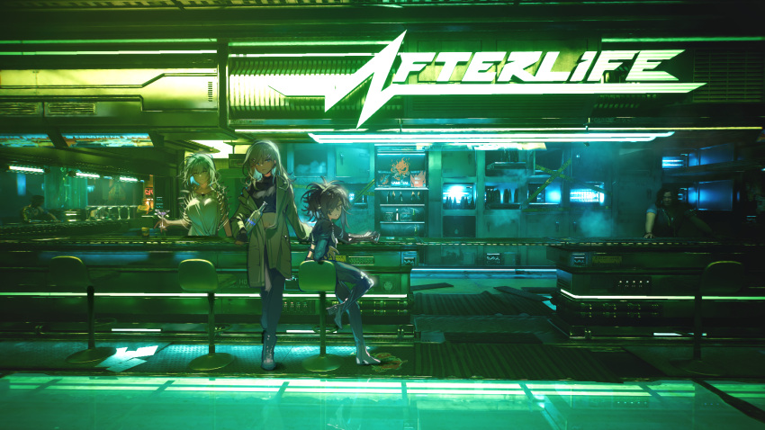 3girls, angelia_(girls'_frontline), bar_(place), bar_stool, black_hair, black_scapular, blueblossom, bottle