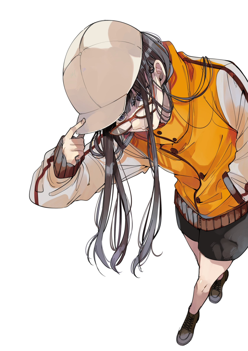 1girl, a_terrified_teacher_at_ghoul_school!, bare_legs, black_eyes, black_hair, glasses, hat, highres, jacket, official_art, orange_jacket, red-framed_eyewear, shoes, shorts, tanamai78, white_background, white_hat, zashiki_beniko