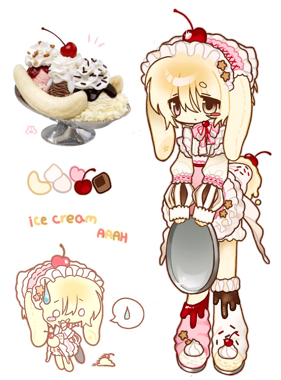1girl, 2000s_(style), animal_ears, apron, banana, banana_split, blonde_hair, blush_stickers