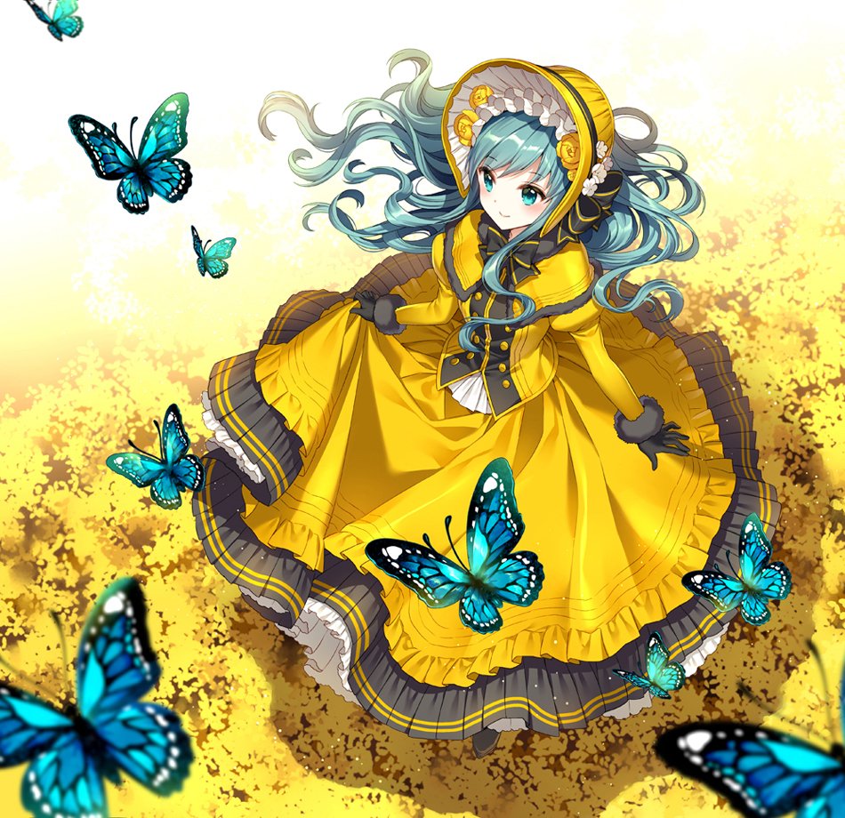 1girl, aqua_butterfly, aqua_eyes, aqua_hair, blue_butterfly, bonnet, bug, butterfly