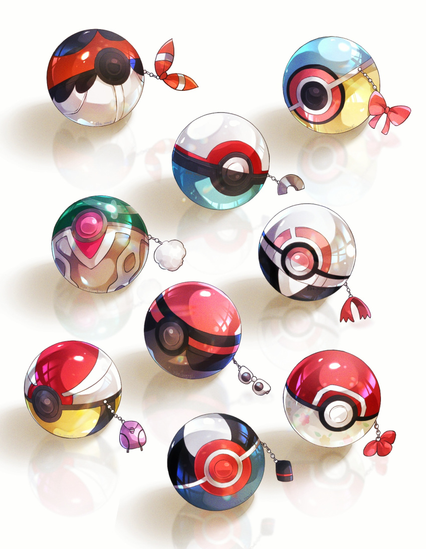 bow, charm_(object), commentary, english_commentary, gloria_(pokemon), highres, hikari_(pokemon), hilda_(pokemon), kris_(pokemon), leaf_(pokemon), may_(pokemon), no_humans, nontraditional_poke_ball, pink_bow, pink_scarf, poke_ball, pokemon, pokemon_bw, pokemon_bw2, pokemon_dppt, pokemon_frlg, pokemon_gsc, pokemon_oras, pokemon_sm, pokemon_swsh, pokemon_xy, purple_bag, reflection, reflective_surface, rosa_(pokemon), scarf, selene_(pokemon), serena_(pokemon), still_life, sunglasses, twitter_username, white-framed_eyewear, yomogi_(black-elf)