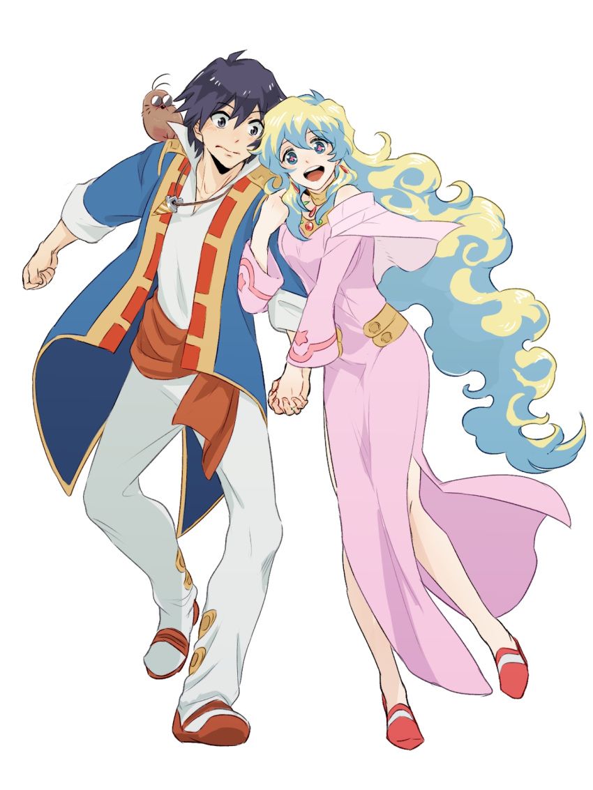 +_+, 1boy, 1girl, :d, black_eyes, black_hair, blonde_hair, blue_eyes