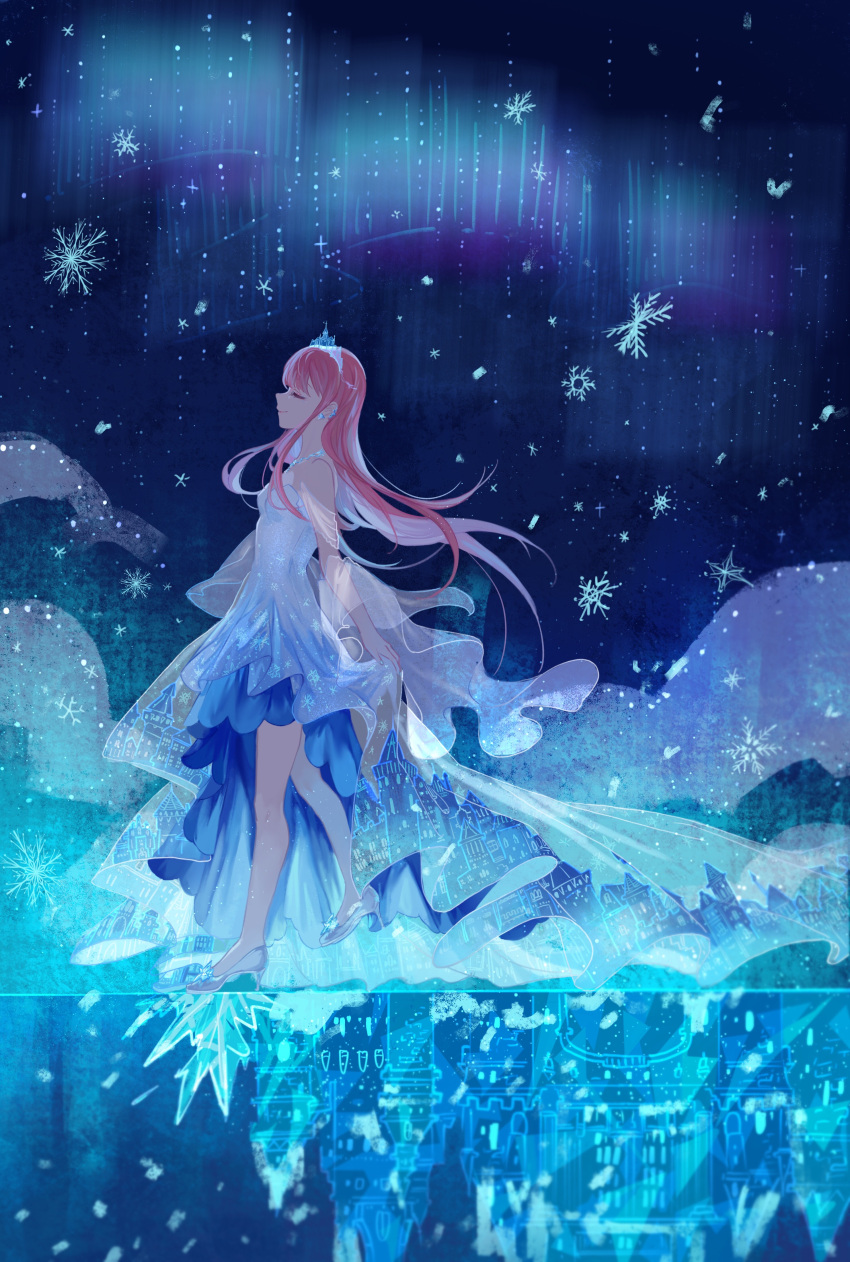 1girl, absurdres, bare_shoulders, blue_dress, blue_tiara, blunt_bangs, castle, chinese_commentary, closed_eyes, closed_mouth, clothing_cutout, commentary_request, confeitoo, different_reflection, dress, ear_piercing, earrings, floating_hair, full_body, gradient_clothes, gradient_dress, happy, high_heels, highres, ice, jewelry, lipstick, long_dress, long_hair, makeup, necklace, night, night_sky, nikki_(nikki), nikki_(series), outdoors, piercing, pink_hair, pink_lips, pleated_sleeves, pointy_nose, reflection, see-through_clothes, see-through_sleeves, shining_nikki, shoes, shoulder_cutout, sky, smile, snowflake_print, snowing, solo, stiletto_heels, textless_version, tiara, very_long_hair, walking, white_shoes, white_sleeves, winter