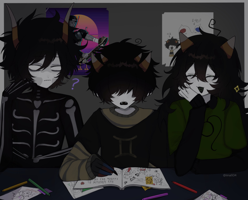 4girls, 6+boys, ?, absurdres, alien, alternate_costume, aquarius_(symbol), asymmetrical_horns