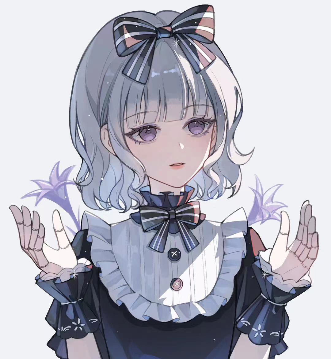1girl, black_bow, black_bowtie, black_choker, black_dress, black_wrist_cuffs, blunt_bangs, bow, bow_choker, bowtie, buttons, chinese_commentary, choker, commentary_request, doll_joints, dress, expressionless, eyelashes, floral_print, flower, frilled_choker, frilled_sleeves, frilled_wrist_cuffs, frills, grey_background, grey_hair, hair_bow, hands_up, hui_mouren, infinity_nikki, joints, light_blush, light_particles, lily_(flower), lipstick, livie_(infinity_nikki), looking_to_the_side, makeup, nikki_(series), parted_lips, pink_lips, puffy_short_sleeves, puffy_sleeves, purple_flower, shirt, shirt_under_dress, short_hair, short_sleeves, simple_background, solo, striped_bow, striped_bowtie, striped_clothes, teeth, upper_body, violet_eyes, wavy_hair, white_shirt, wrist_cuffs