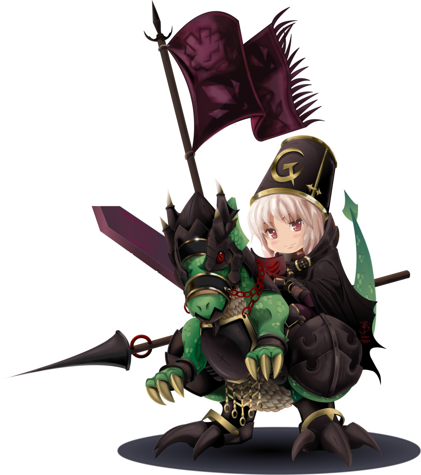 1boy, absurdres, abysmal_knight, abysmal_knight_(cosplay), armor, barding, black_armor, black_cape, blush, cape, chain, chibi, chibi_only, closed_mouth, commentary, cosplay, english_commentary, ferus_(ragnarok_online), flag, full_body, hat, highres, holding, holding_polearm, holding_sword, holding_weapon, lance, looking_at_viewer, male_focus, polearm, ragnarok_online, red_eyes, reins, riding_dragon, rune_knight_(ragnarok_online), shako_cap, short_hair, simple_background, smile, solo, sword, type-render, weapon, white_background, white_hair