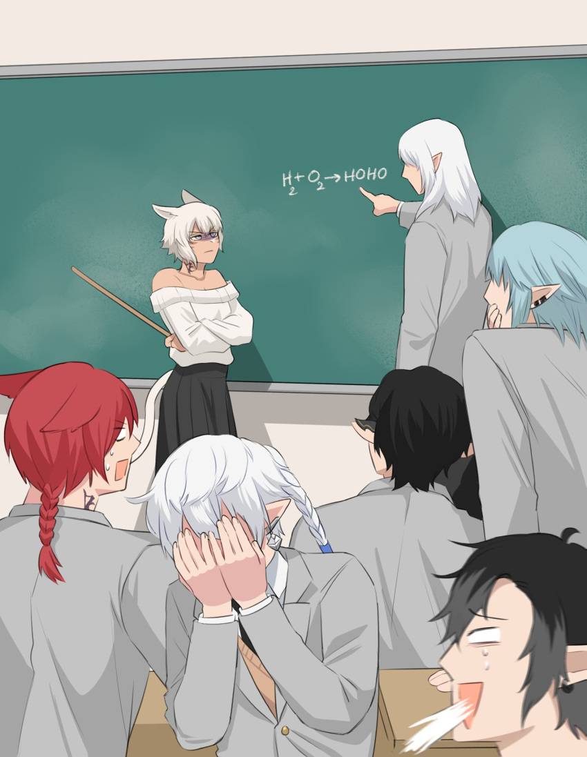 1girl, 6+boys, alphinaud_leveilleur, animal_ears, archon_mark, aymeric_de_borel, bare_shoulders, black_hair
