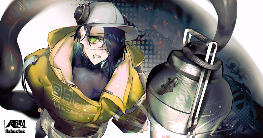 1girl, absurdres, amirun, arknights, asbestos_(arknights), baseball_cap, black_hair, black_undershirt