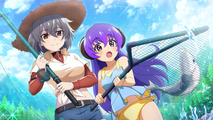 +_+, 2girls, belt, belt_buckle, black_belt, blue_shorts, blurry, breasts
