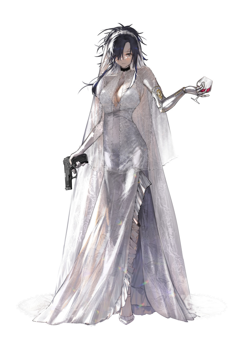 1girl, absurdres, alcohol, alternate_costume, angelia_(girls'_frontline), blue_hair, blueblossom, bridal_veil