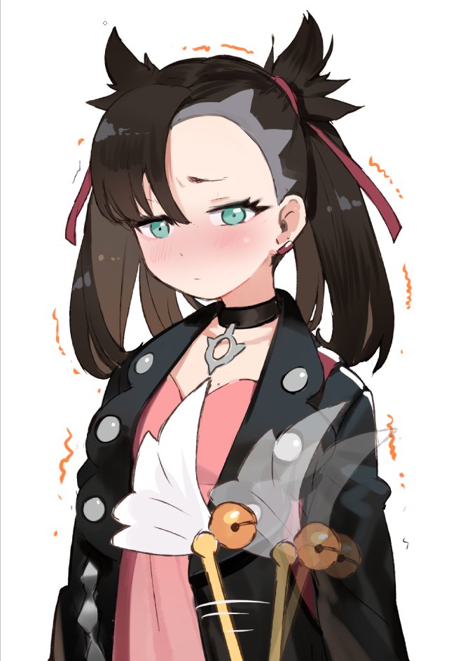 1girl, aqua_eyes, asymmetrical_bangs, black_choker, black_hair, black_jacket, blush, choker