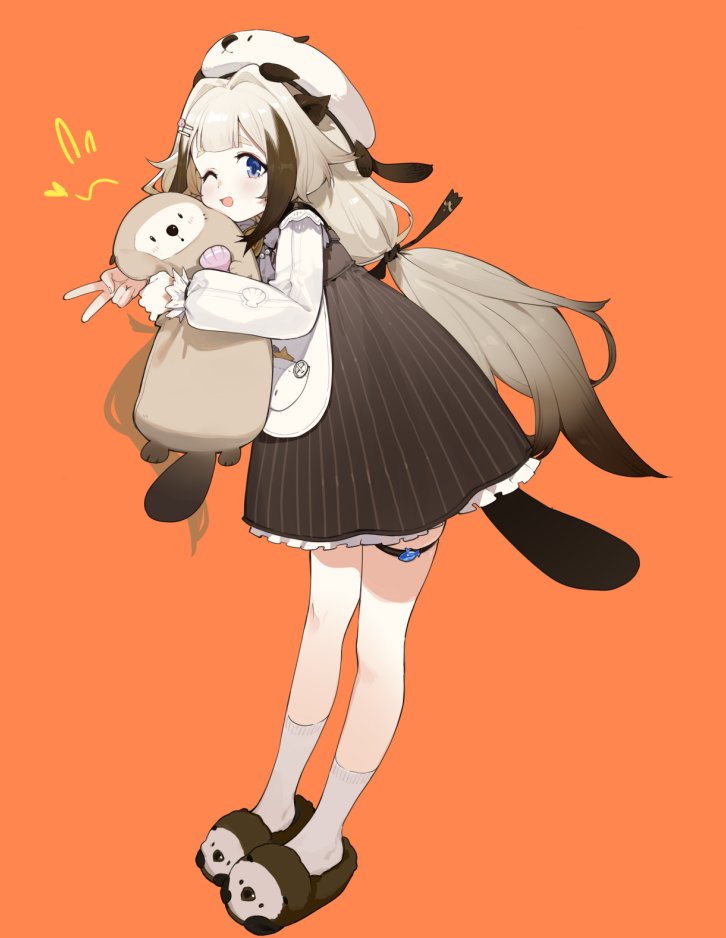1girl, animal_ears, animal_hat, animal_slippers, black_hair, black_ribbon, blush, brown_hair, commentary_request, dress, gradient_hair, hair_intakes, hair_ornament, hair_ribbon, hairclip, hat, jong_tu, long_hair, long_sleeves, looking_at_viewer, low-tied_long_hair, multicolored_hair, one_eye_closed, open_mouth, orange_background, original, otter, otter_girl, ribbon, sea_otter, simple_background, slippers, socks, solo, stuffed_animal, stuffed_toy, tail, v