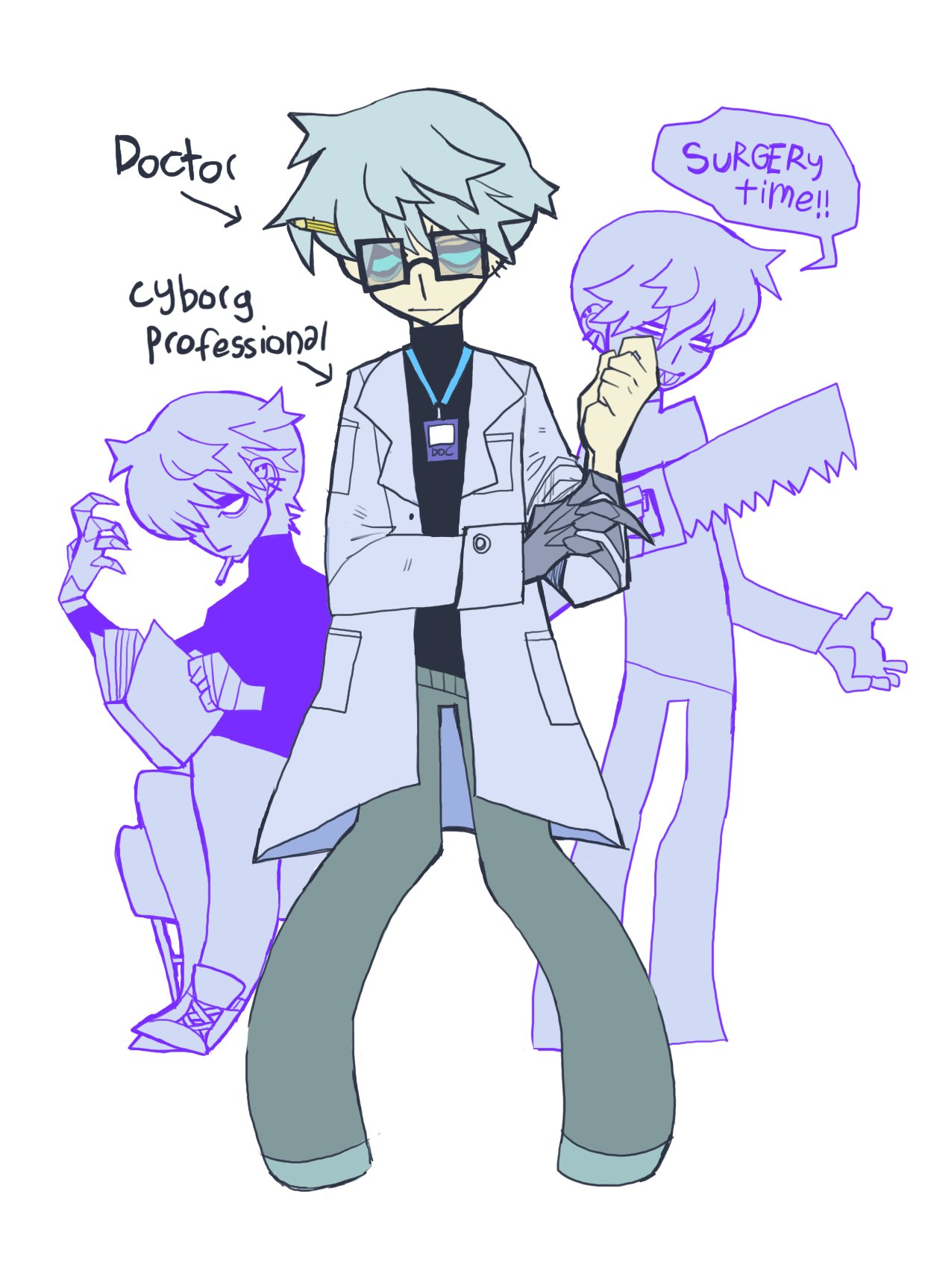 0saippua, 1boy, albert_heinrich, black_shirt, blue_eyes, book, cyborg, cyborg_009, doctor, full_body, glasses, grey_hair, grey_pants, half-closed_eyes, highres, holding, holding_book, mechanical_hands, pants, pencil, reading, saw, shirt, short_hair, suit, white_suit