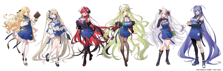 6+girls, apron, azur_lane, blonde_hair, blue_apron, blue_eyes, blue_hair, formidable_(azur_lane)