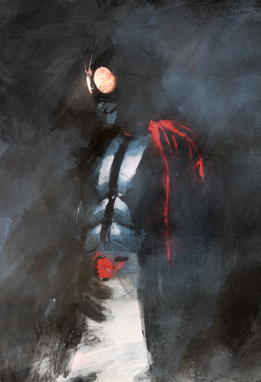 1boy, antennae, armor, belt, compound_eyes, glowing, glowing_eyes, helmet, highres, kamen_rider, kamen_rider_(1st_series), kamen_rider_1, male_focus, mask, nouichi_(noui_nono), red_eyes, red_scarf, rider_belt, scarf, solo, standing, tokusatsu