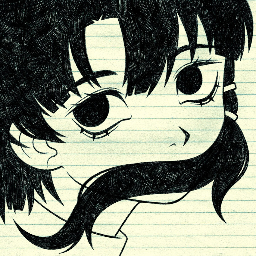 1girl, asymmetrical_sidelocks, bags_under_eyes, commentary, cryptidhermit, english_commentary, greyscale, hair_between_eyes, hair_ornament, hair_over_mouth, highres, iwakura_lain, lined_paper, long_eyelashes, looking_at_viewer, monochrome, serial_experiments_lain, shirt, short_hair, solo