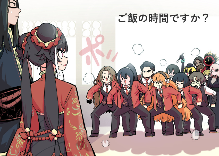 1other, 6+boys, 6+girls, absurdres, black_gloves, black_hair, black_hat, black_pants