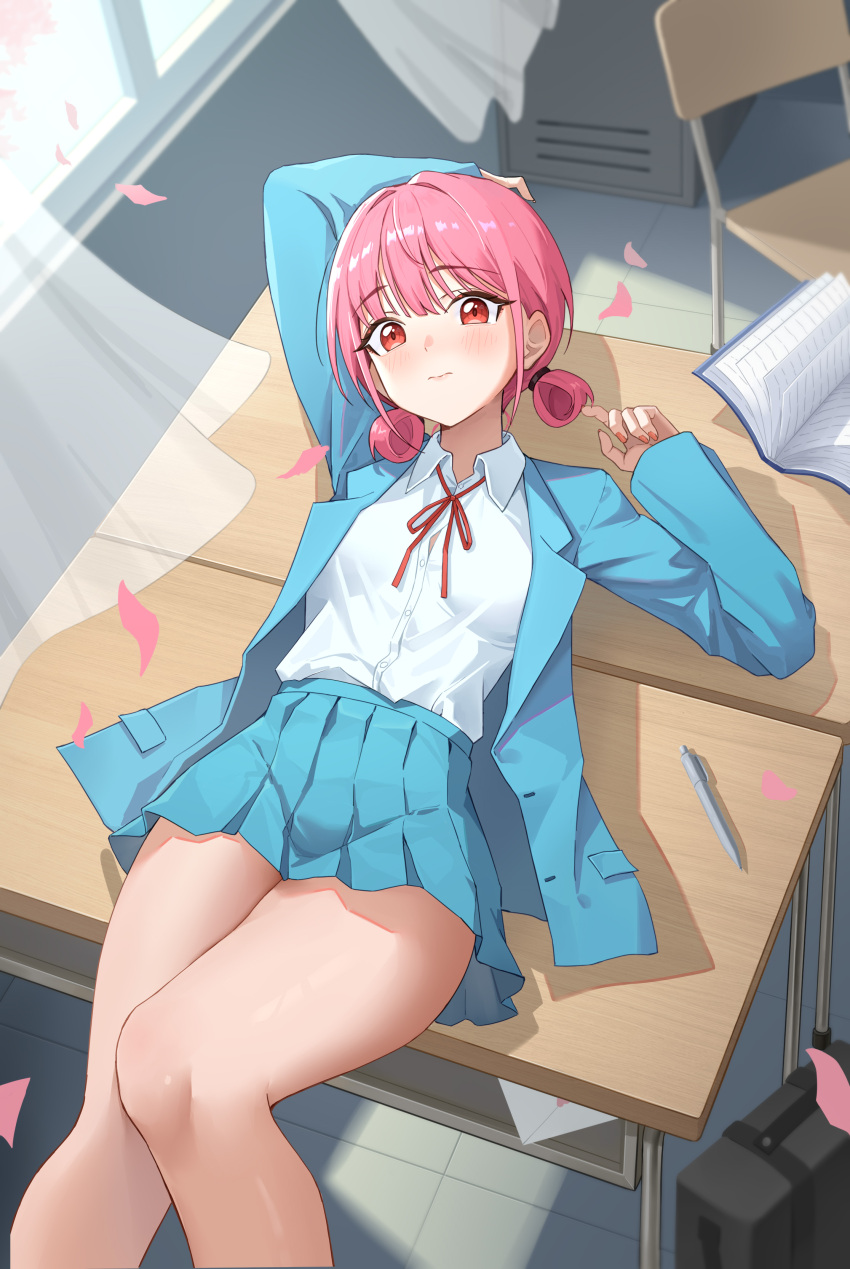 1girl, absurdres, aqua_jacket, aqua_skirt, arm_up, bag, blazer, breasts