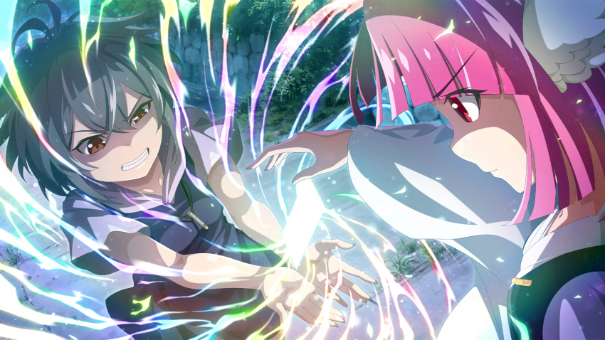 angel_wings, aura, blue_dress, brown_eyes, card, clenched_teeth, closed_mouth, cupping_hands