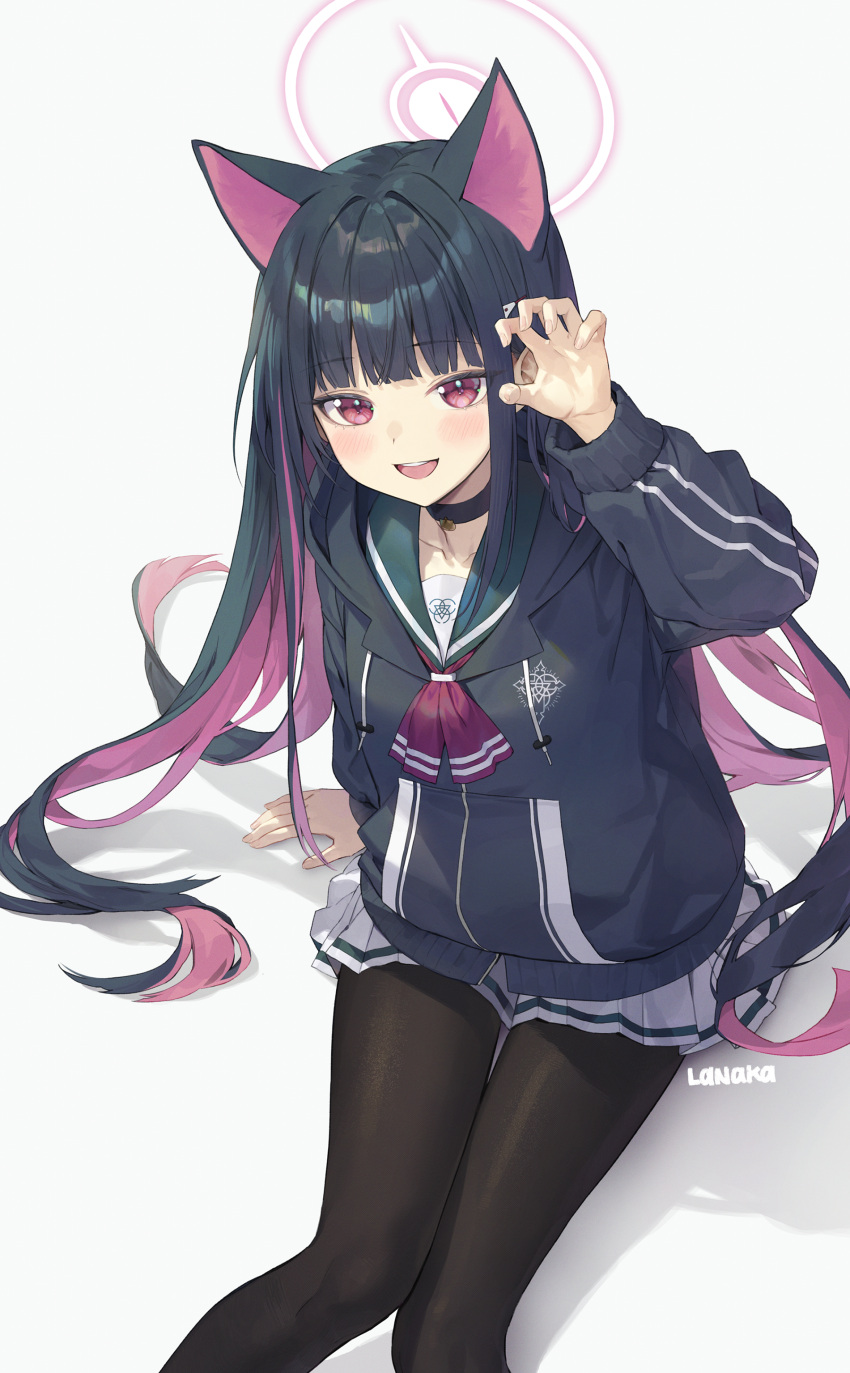 absurdres, alternate_hair_length, alternate_hairstyle, animal_ears, black_choker, black_hair, black_hoodie, black_pantyhose