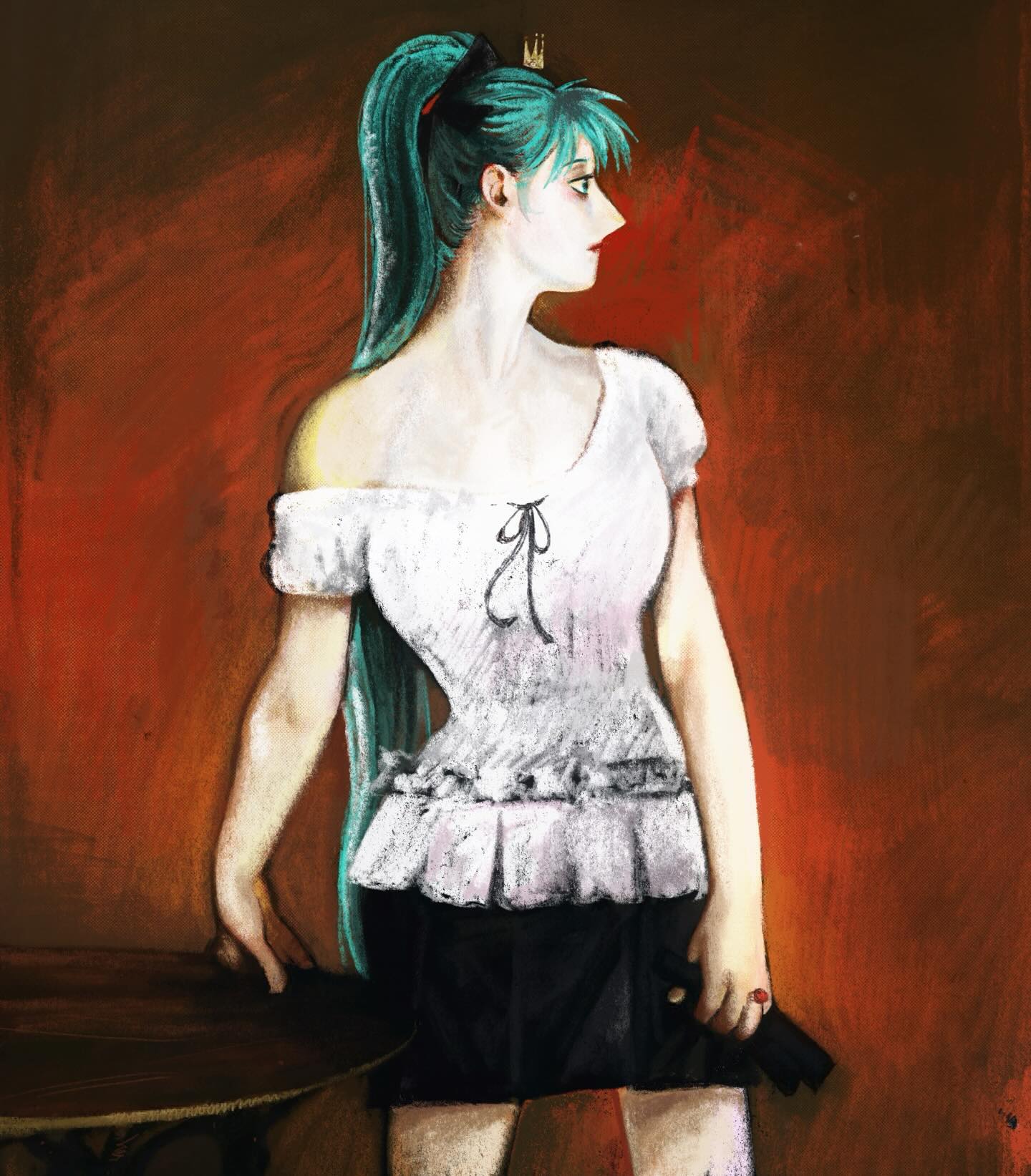 1girl, black_ribbon, black_skirt, closed_mouth, commentary, crown, doriansrooms, english_commentary