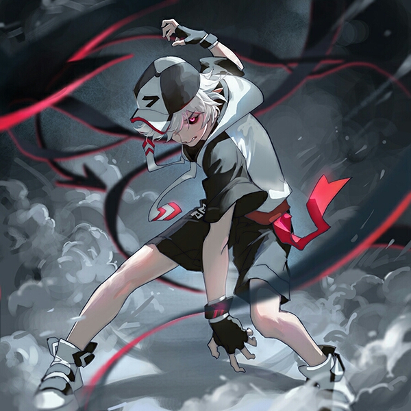 1boy, alternate_eye_color, alternate_hair_color, aotu_world, arm_up, baseball_cap, black_gloves, black_hat
