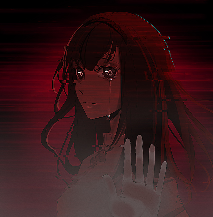 1girl, absurdres, against_fourth_wall, arknights, chromatic_aberration, closed_mouth, commentary, crying