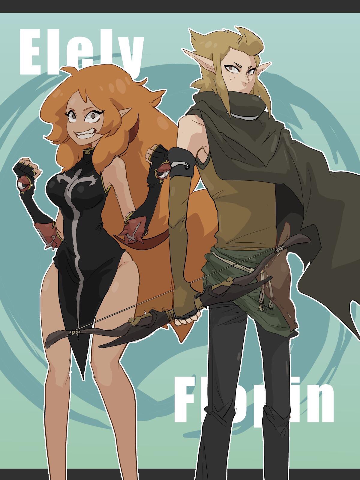 1boy, 1girl, big_hair, black_dress, blonde_hair, bow_(weapon), breasts, character_name, dress, elely, fingerless_gloves, flopin, gloves, highres, labell_xx, letterboxed, long_hair, looking_at_viewer, orange_hair, pointy_ears, smile, wakfu, weapon