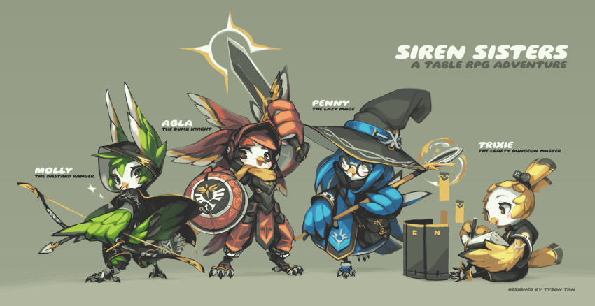 2020, 4girls, absurdres, agla_the_siren, archery, armor, arrow_(projectile), bag, bird, bird_girl, bird_tail, bird_wings, black_armor, black_cloak, black_hoodie, blue_fur, book, bookmark, bow, card, chainmail, chinese_commentary, claws, cloak, commentary, dice_hair_ornament, downturned_eyes, english_commentary, fantasy, feather_hair, feathered_wings, from_behind, from_side, full_armor, furry, furry_female, glasses, green_fur, hair_ornament, hat, helmet, highres, holding, holding_book, holding_pen, hood, hooded_cloak, hoodie, knight, krita_(medium), looking_at_object, looking_at_viewer, looking_back, looking_down, looking_up, mage_staff, magic, molly_the_siren, multiple_girls, multiple_views, on_floor, original, pants, pen, penny_the_siren, red_armor, red_fur, red_helmet, scarf, shield, shoulder_bag, signature, simple_background, siren_(mythology), spirit_animals_in_disguise, standing, standing_on_one_leg, sword, tabletop_rpg, tail, three_quarter_view, trixie_the_siren, tsurime, tyson_tan, upturned_eyes, weapon, wings, witch, witch_hat, wizard, yellow_fur, yellow_scarf