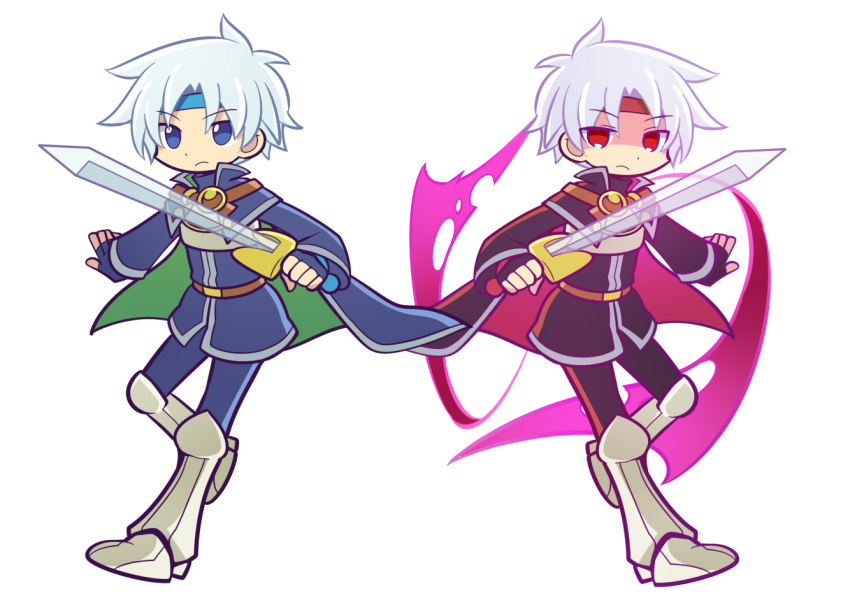 2boys, armored_boots, black_cape, black_pants, black_tunic, blue_cape, blue_headband, blue_pants
