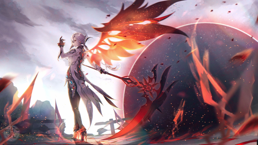 1girl, absurdres, arlecchino_(genshin_impact), arm_up, azukimaru, black_pants, coat, crimson_moon's_semblance_(genshin_impact)