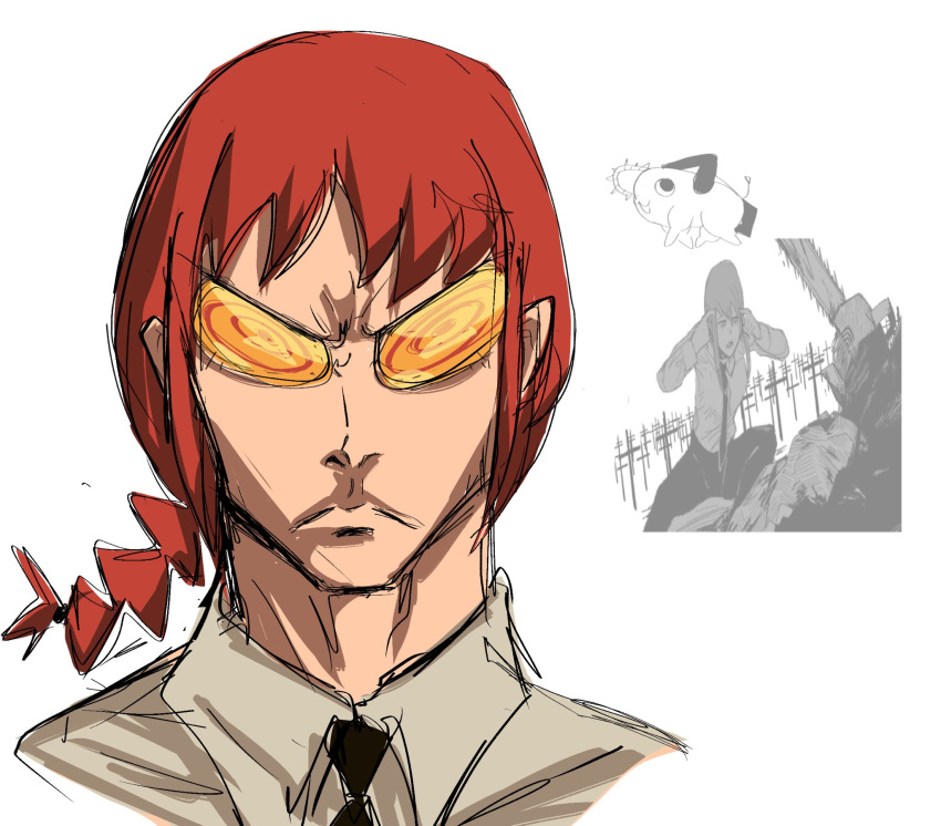 @_@, angry, braid, braided_ponytail, chainsaw_man, close-up, cosplay, cross