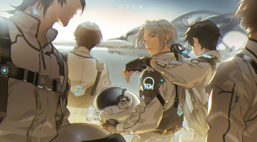 5boys, aircraft, artist_name, black_gloves, black_hair, blue_eyes, brown_hair, earrings