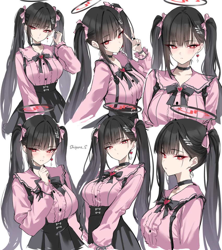 1girl, absurdres, alternate_costume, alternate_hairstyle, black_choker, black_skirt, blue_archive, blush, breasts, bright_pupils, choker, closed_mouth, earrings, hair_ornament, hairclip, halo, hand_up, highres, jewelry, large_breasts, long_hair, long_sleeves, looking_at_viewer, multiple_views, parted_lips, pink_shirt, red_eyes, rio_(blue_archive), shigure_s, shirt, shirt_tucked_in, simple_background, skirt, smile, twintails, v, white_background, white_pupils