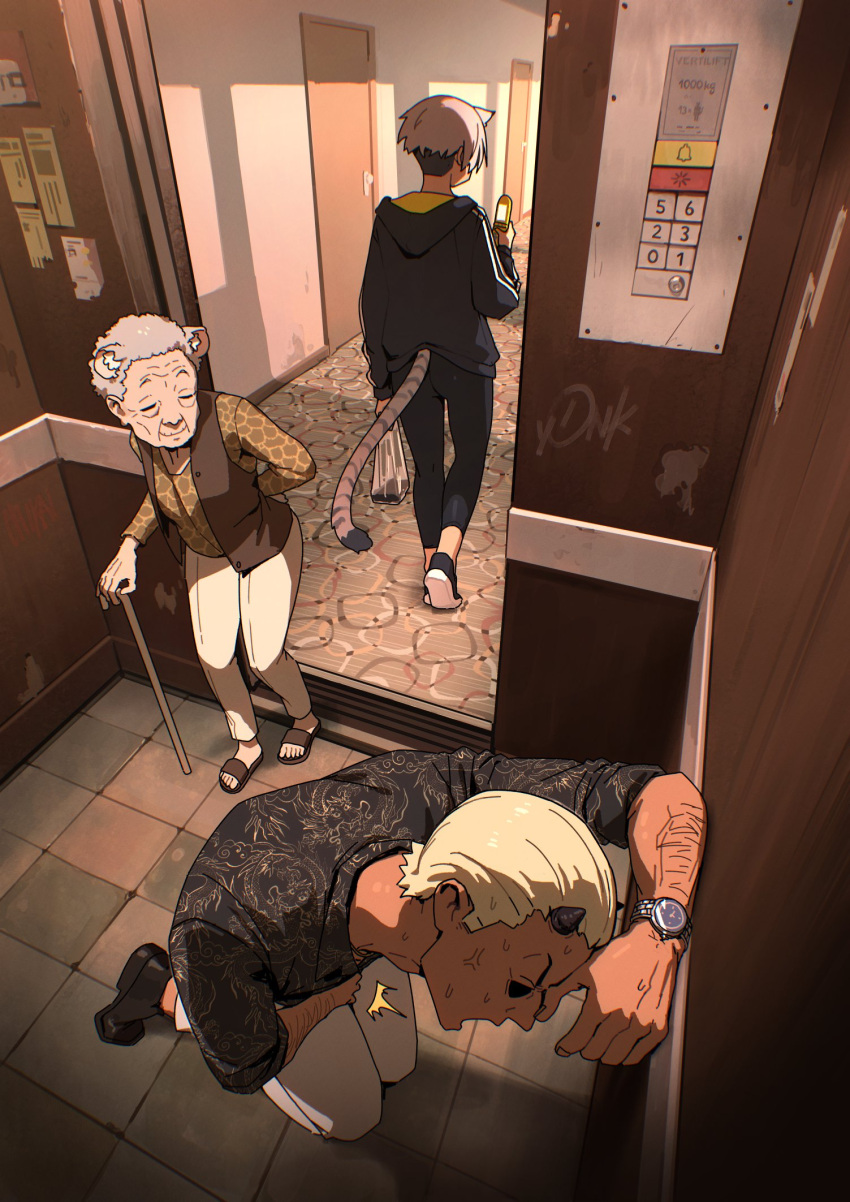 1boy, 2girls, animal_ear_fluff, animal_ears, bag, black_hair, black_hoodie, black_horns