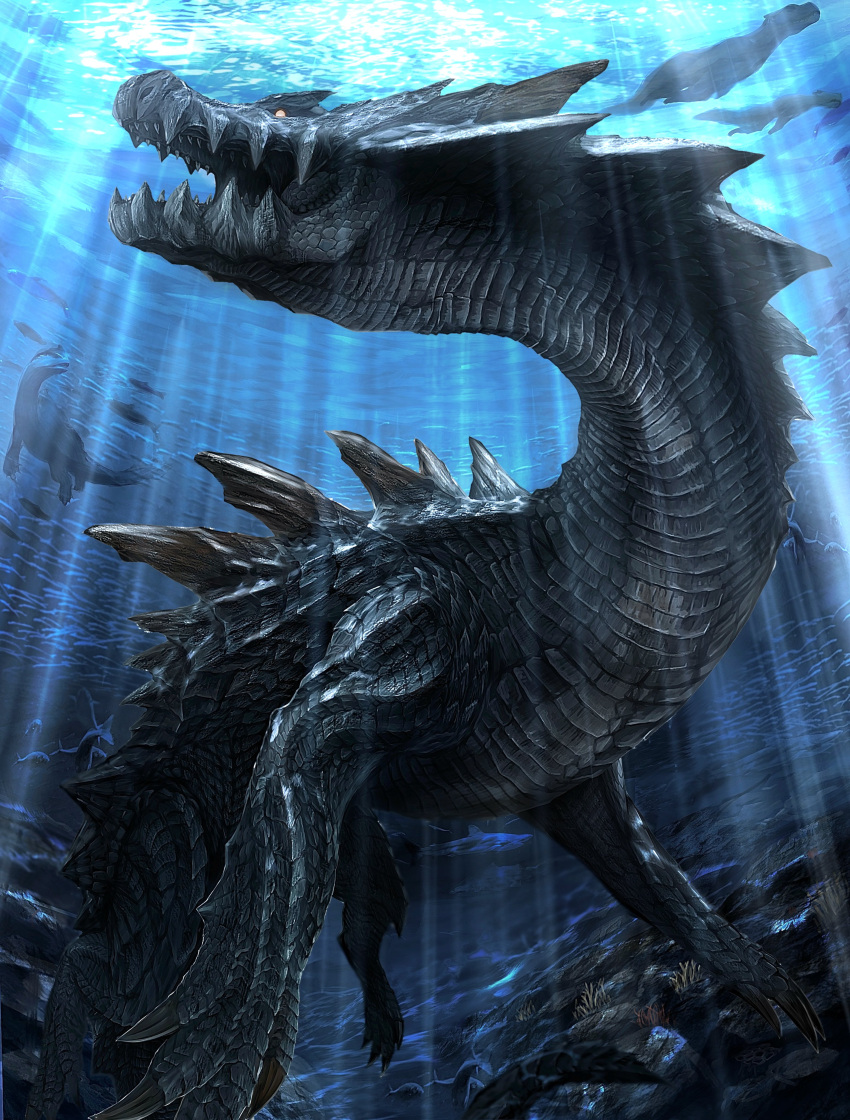 absurdres, blue_scales, claws, highres, horns, lagiacrus, ludroth, monster