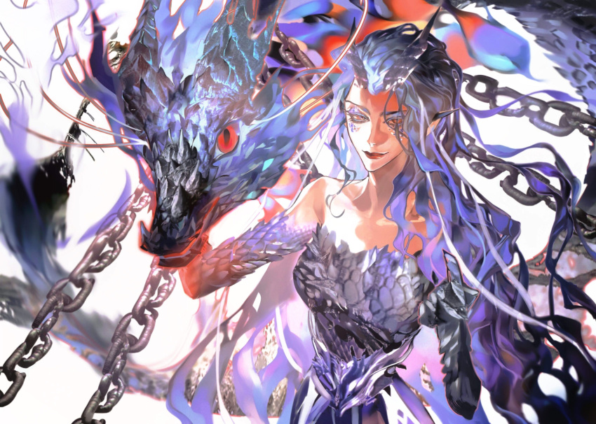 1girl, absurdres, animalization, ao_run_(nezha_zhi_motong_jiangshi), blue_claws, blue_hair, chain, dragon