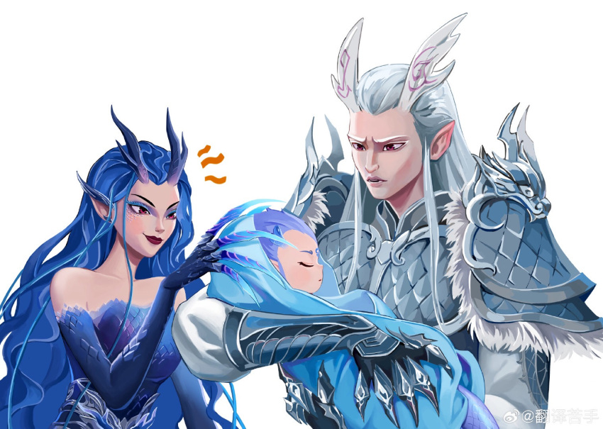 1girl, 2boys, ao_bing_(nezha_zhi_motong_jiangshi), ao_guang_(nezha_zhi_motong_jiangshi), ao_run_(nezha_zhi_motong_jiangshi), aunt_and_nephew, baby, blue_claws
