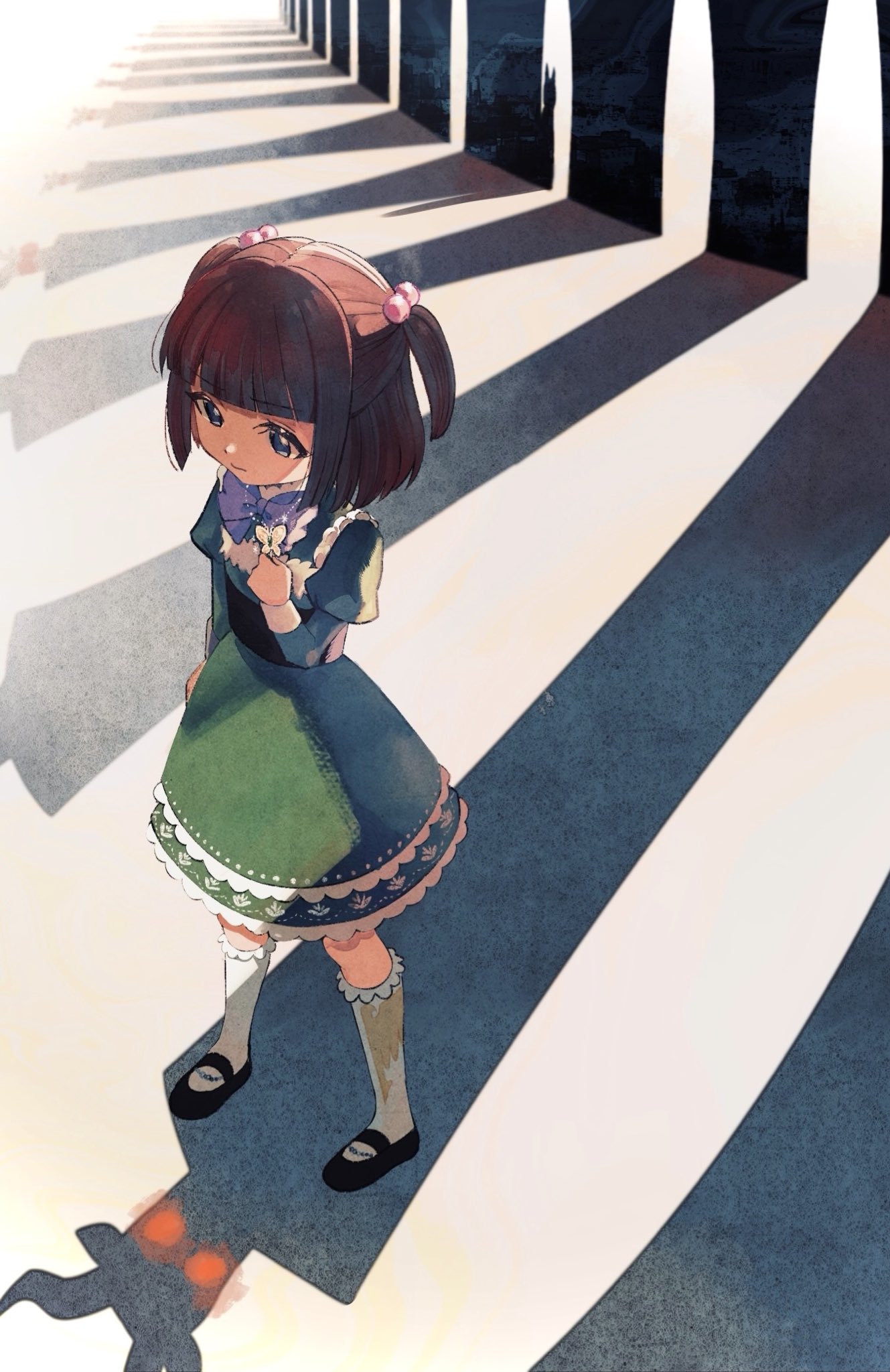1girl, aged_down, blunt_bangs, bow, bowtie, child, commentary_request, different_shadow