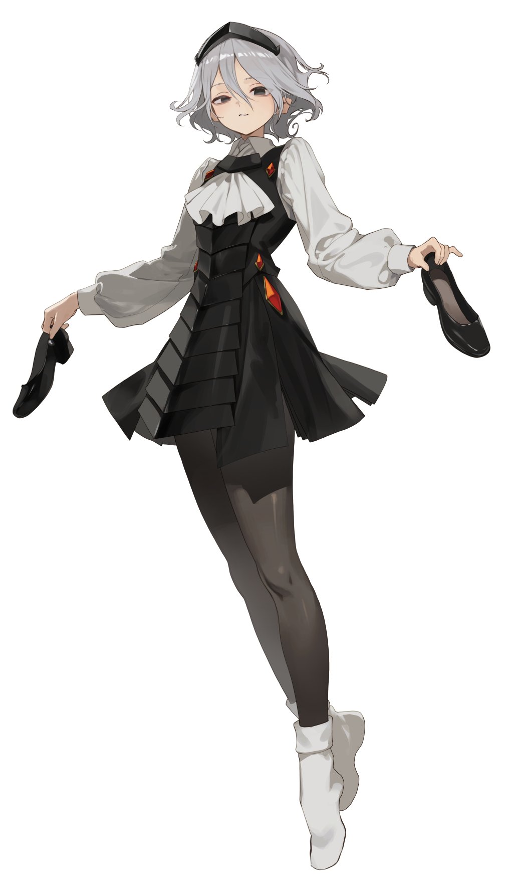 1boy, androgynous, ascot, bags_under_eyes, black_dress, black_eyes, crossdressing, dress