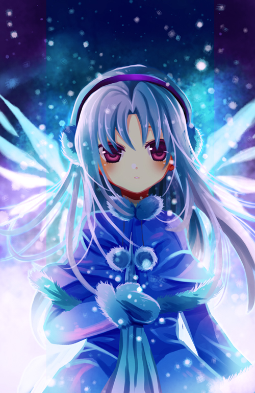 1girl, blue_hair, coat, earmuffs, ji_yu, long_hair, mittens, purple_eyes