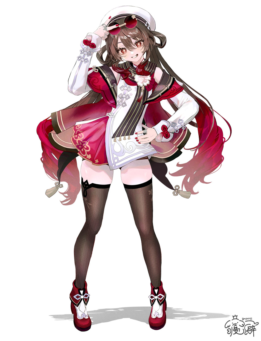1girl, absurdres, black_thighhighs, brown_hair, detached_sleeves, flower-shaped_pupils, full_body, genshin_impact, gmpoo93, hair_between_eyes, hand_on_own_hip, hat, highres, hu_tao_(cherries_snow-laden)_(genshin_impact), hu_tao_(genshin_impact), long_hair, long_sleeves, looking_at_viewer, multicolored_hair, official_alternate_costume, red_eyes, red_nails, red_skirt, round_eyewear, shadow, shirt, shoes, signature, simple_background, skirt, smile, solo, standing, symbol-shaped_pupils, thigh-highs, twintails, v, very_long_hair, white_background, white_hat, white_shirt, zettai_ryouiki