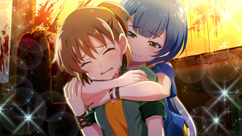 2girls, akasaka_miyuki, blood_on_window, blue_hair, bracelet, brown_hair, closed_eyes, closed_mouth