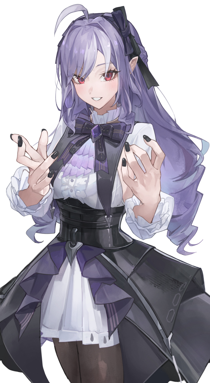 1girl, absurdres, ahoge, ascot, black_bow, black_nails, black_pantyhose, black_skirt