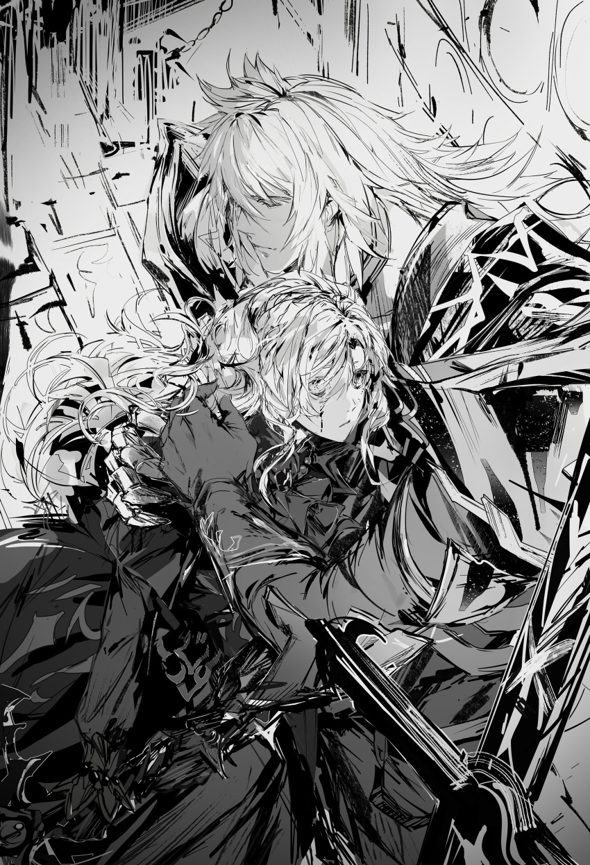 1boy, 1girl, absurdres, armor, blood, blood_on_face, closed_eyes, dress