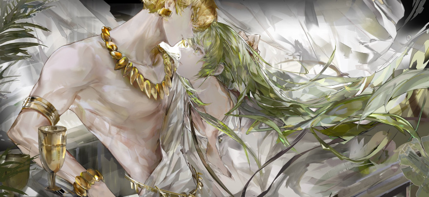 1other, androgynous, blonde_hair, bracelet, cup, earrings, enkidu_(fate), face-to-face, fate/grand_order, fate/strange_fake, fate_(series), floating_hair, gilgamesh_(fate), gold_armlet, green_eyes, green_hair, hair_between_eyes, highres, jewelry, long_hair, long_sleeves, necklace, other_with_male, plant, red_eyes, rihuajiong, robe, short_hair, toga, very_long_hair, white_robe