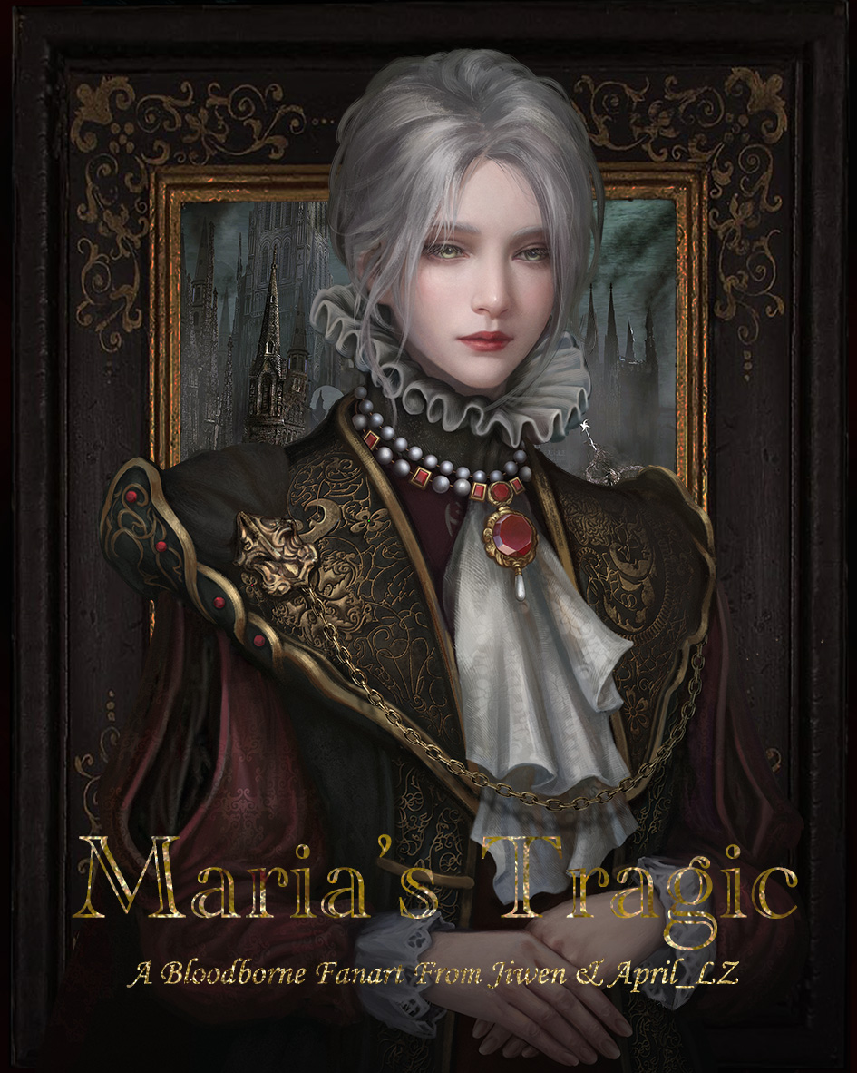 1girl, bloodborne, blue_eyes, castle, cover, formal_clothes, gem, jewelry