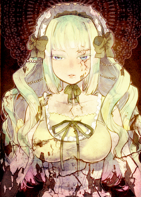 bangs, beads, blonde_hair, blue_eyes, blunt_bangs, bonnet, bow, bows