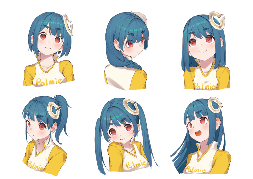 1girl, :d, blue_hair, blunt_bangs, braid, closed_mouth, clothes_writing, commentary